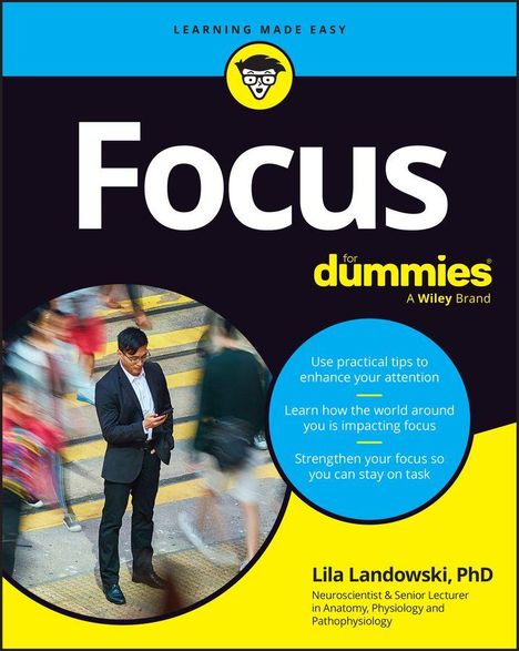 Cover eines Buches mit dem Titel "Focus for Dummies". Oben steht "LEARNING MADE EASY". Unten eine Menschenmenge auf einem Zebrastreifen.