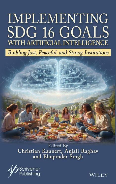 "Implementing SDG 16 Goals with Artificial Intelligence." Eine Gruppe von Menschen sitzt mit Hunden auf einer Wiese um ein Picknick.