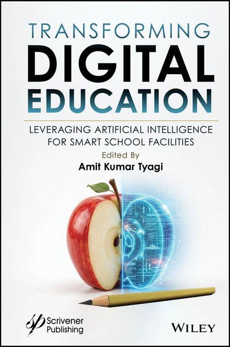 "Transforming Digital Education" zeigt einen halbierten Apfel, links real, rechts digital, mit einem Bleistift davor.