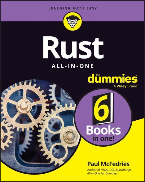 „LEARNING MADE EASY“ oben, „Rust ALL-IN-ONE“ mittig, „6 Books in one!“ in Kreis rechts. Zahnräder links, gelber Rand.