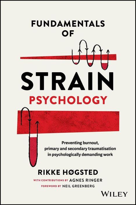 "Fundamentals of Strain Psychology" mit dem Namen Rikke Høgsted. Illustration mit roten Streifen und Pfeilen.