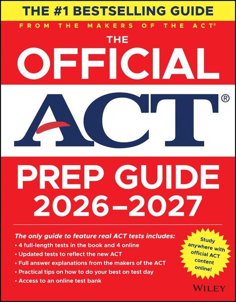 Text: "The Official ACT Prep Guide 2026-2027". Cover mit rotem und weißem Hintergrund, einem gelben Stern mit Infos.