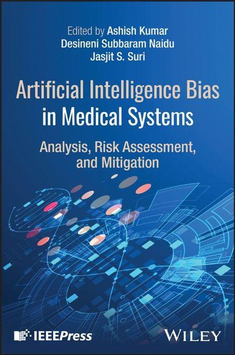 "Artificial Intelligence Bias in Medical Systems: Analysis, Risk Assessment, and Mitigation." Blaues Hintergrunddesign mit Logos.
