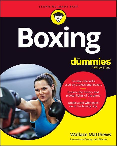 "Boxing for dummies" Buchcover: Boxerin mit Handschuhen, Titel, Autor Wallace Matthews, Text über Boxtechniken.
