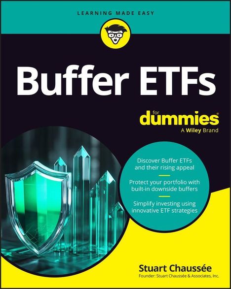 "Buffer ETFs for dummies", Tipps zu ETFs mit Puffer. Grünes Schild und Kristall in einem modernen, runden Design.