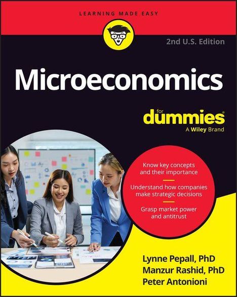 „Microeconomics for Dummies“ zeigt drei Menschen, die über Dokumente diskutieren. Circa ist ein rotes Infodiagramm.