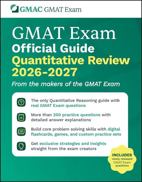 "GMAT Exam Official Guide Quantitative Review 2026-2027" steht groß. Darunter Vorteile des Guides. Grüner Hintergrund.