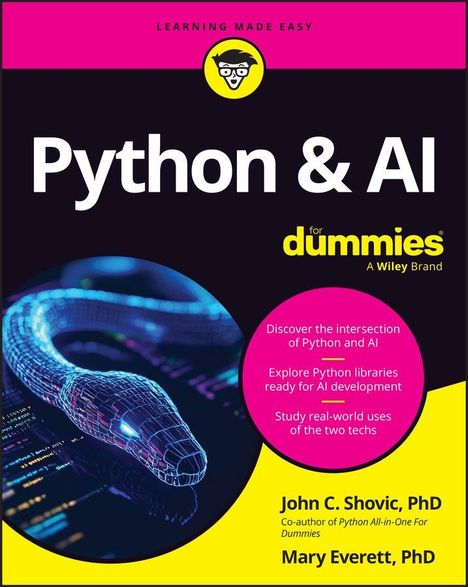 „Python & AI for dummies“. Logo: Cartoon-Kopf mit Brille. Holografische Schlange umgibt digitalen Text.