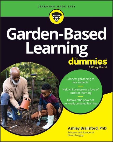 "Garden-Based Learning for dummies" steht im Mittelpunkt. Zwei Personen pflanzen gemeinsam im Garten, Förderthemen sind aufgeführt.