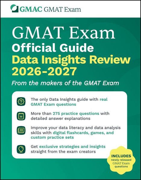 Text: GMAT Exam Official Guide Data Insights Review 2026-2027. 

Beschreibung: Grüner Hintergrund, Text in Weiß und Gelb, vier Symbole, gelbes Hinweisfeld.
