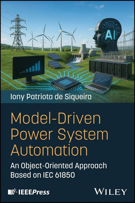 Aufschrift: "Model-Driven Power System Automation". Illustration von Windrädern, Solarpanels und einem KI-gekennzeichneten Kopf.