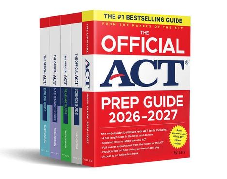 "THE OFFICIAL ACT PREP GUIDE 2026-2027" in großen roten Buchstaben, mehrere Bücher.