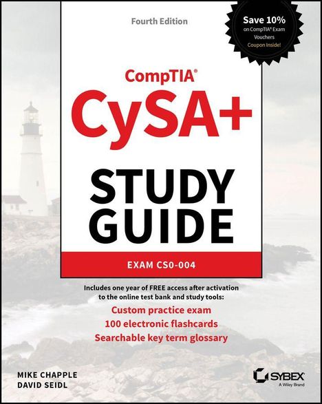 Buchcover "CompTIA CySA+ Study Guide Exam CS0-004", Rabattangebot oben, Leuchtturm im Hintergrund, Autoren unten.