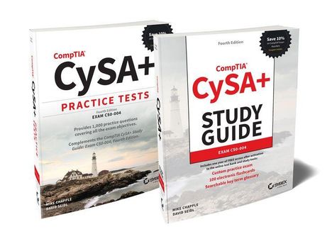 Buchcover: "CompTIA CySA+ Practice Tests", "CompTIA CySA+ Study Guide". Jeweils vierte Ausgabe, mit Leuchtturmbild.