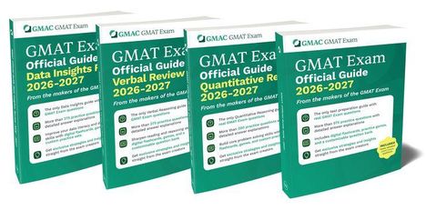 Vier grüne Buchcover mit dem Text: "GMAT Exam Official Guide 2026-2027" und Kategorien wie "Data Insights" und "Verbal Review".