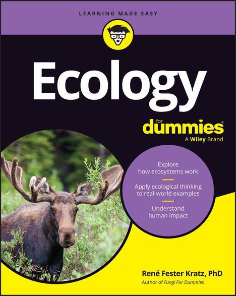 Text: "Ecology for dummies", "Explore how ecosystems work." Ein Elch in der Natur, gelber und lila Hintergrund, Cartoon-Logo.