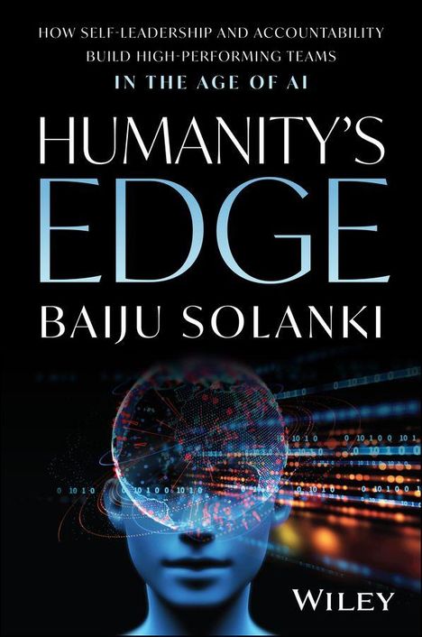 „HUMANITY'S EDGE“ von Baiju Solanki, zeigt den Kopf einer digitalen Figur mit binärem Code und Datenströmen.