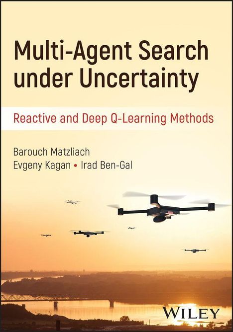 "Multi-Agent Search under Uncertainty", darüber fliegende Drohnen in einem Sonnenuntergangs-Hintergrund.