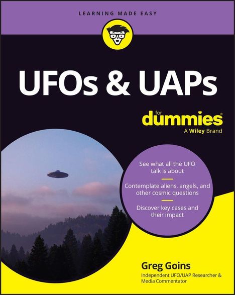 "UFOS & UAPs for dummies" von Greg Goins. Schwarze und gelbe Gestaltung mit einem UFO über einem Wald.