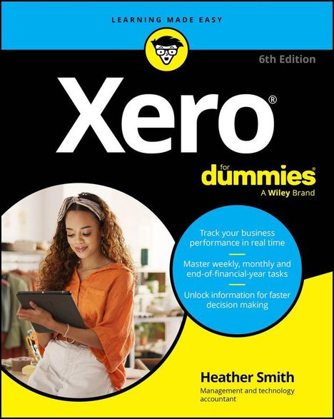 "Xero for dummies." "LEARNING MADE EASY." Frau mit Tablet, Text: "Track your business", "Master tasks", "Unlock information."