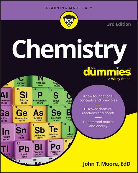 "Chemistry for Dummies, 3rd Edition" von John T. Moore. Bunter Abschnitt des Periodensystems mit kreisförmiger Darstellung.