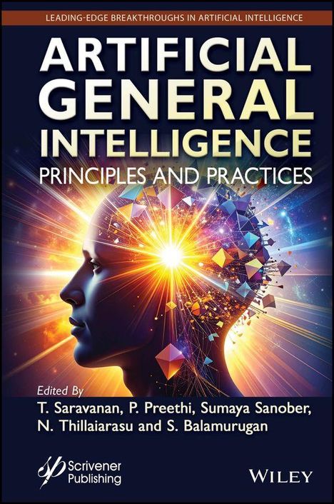 „ARTIFICIAL GENERAL INTELLIGENCE: PRINCIPLES AND PRACTICES“. Profil eines Kopfes mit leuchtenden geometrischen Formen.