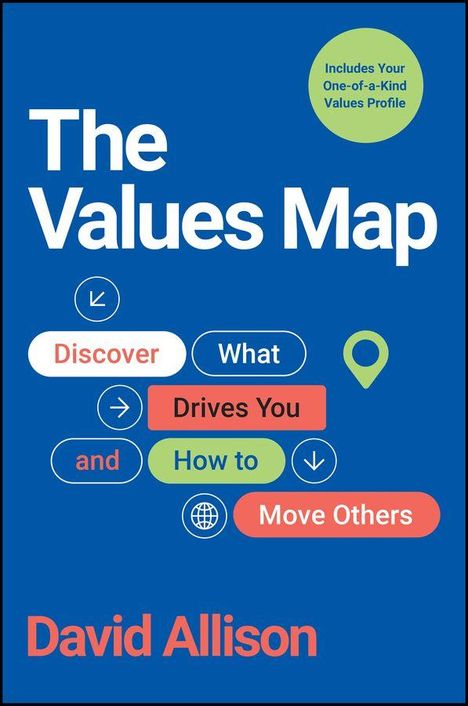 „The Values Map: Discover What Drives You and How to Move Others“, David Allison. Blauer Hintergrund mit Texten in bunten Formen.