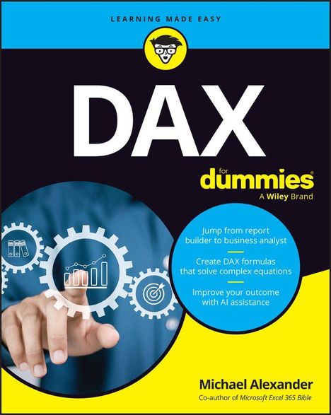 „DAX for dummies“ oben, darunter Tipps wie „Create DAX formulas“. Illustration: Hand zeigt auf Zahnräder und Diagramme.