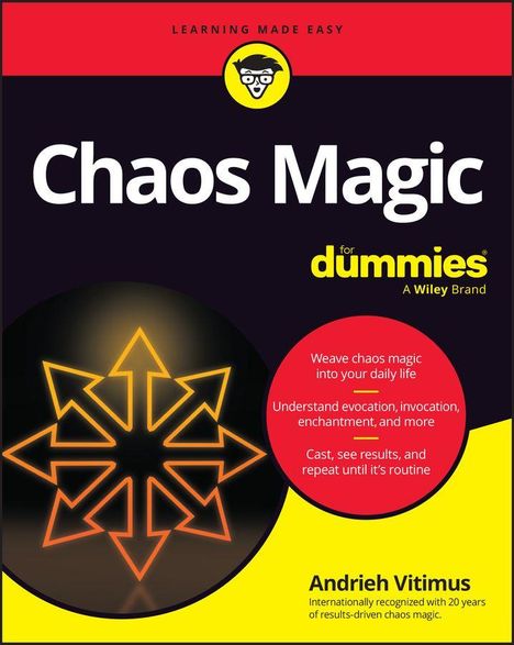 "Chaos Magic for dummies" von Andrieh Vitimus. Buchcover mit gelbem und schwarzem Hintergrund und ein leuchtendes Symbol.