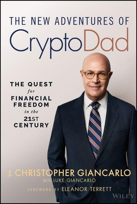 „The New Adventures of CryptoDad“ steht in großen Buchstaben, daneben ein Mann im Anzug mit Krawatte.