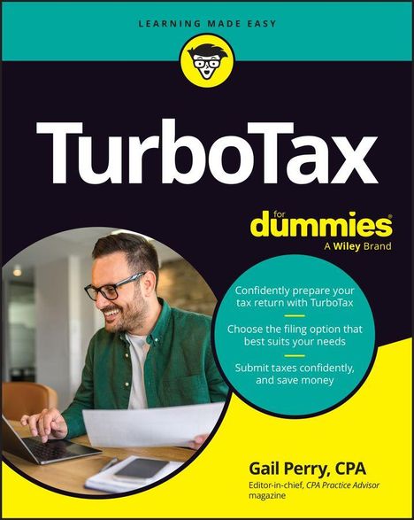„LEARNING MADE EASY“, „TurboTax for dummies“, „Confidently prepare your tax return“, Bild eines lächelnden Mannes am Laptop.