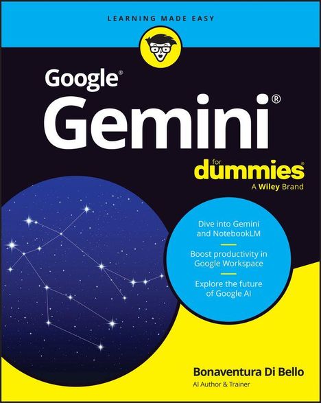 „Google Gemini for dummies“ steht oben. Unten drei Punkte: „Dive into Gemini“, „Boost productivity“, „Explore the future“.