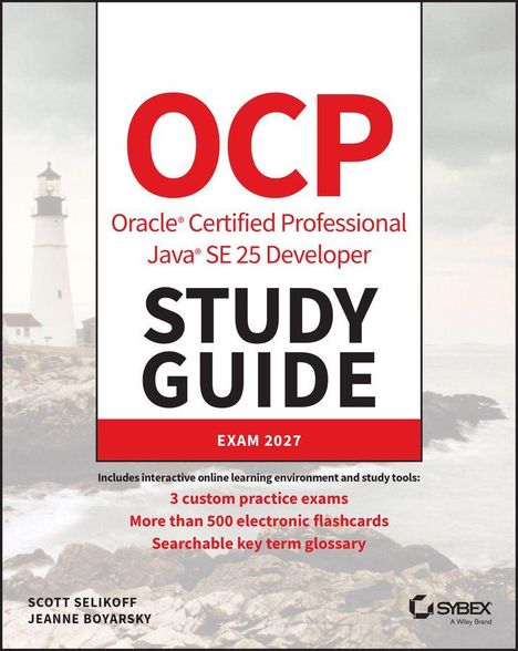 "OCP Java SE 25 Developer Study Guide, Exam 2027, bietet 3 Übungstests, 500+ Karteikarten, Glossar. Küstenbild, Leuchtturm."