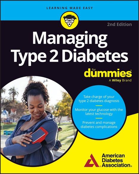 "Managing Type 2 Diabetes for Dummies" steht groß auf einem Buchcover mit einer Frau, die ein Gerät am Arm überprüft.