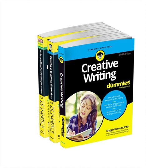 Buchcover "Creative Writing for Dummies", zeigt eine Frau schreibend. Gelber Hintergrund mit schwarzer Schrift.