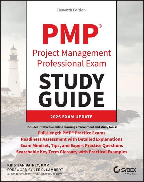 „PMP Project Management Professional Exam STUDY GUIDE 2026 EXAM UPDATE“. Ein Leuchtturm am Meer im Hintergrund.