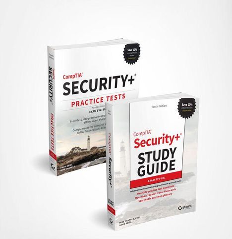 Zwei Bücher: "CompTIA Security+ Practice Tests" und "CompTIA Security+ Study Guide". Beide haben ein Leuchtturmmotiv.