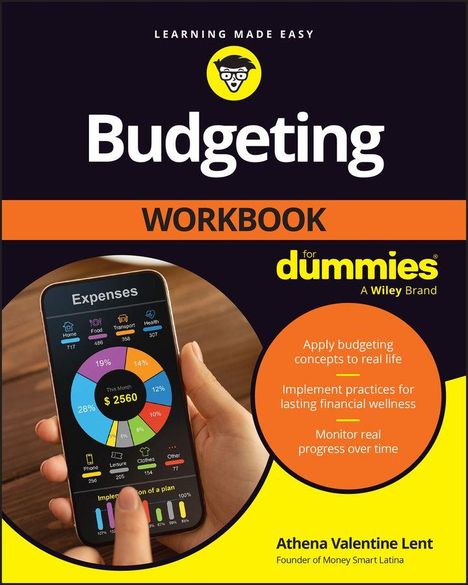 „Budgeting Workbook for Dummies“ zeigt ein Smartphone mit Ausgabenübersicht und eine Hand. Oben ist ein gelbes Logo.