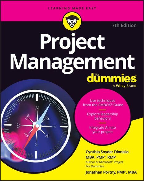 Buchtitel: "Project Management for Dummies". Kompass-Illustration zeigt Himmelsrichtungen. Autoren: Cynthia Snyder Dionisio, Jonathan Portny.