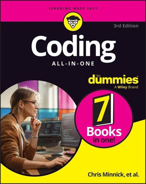 "Learning Made Easy", "Coding All-In-One", "for dummies", "7 Books in one!", Chris Minnick. Frau arbeitet am Computer.