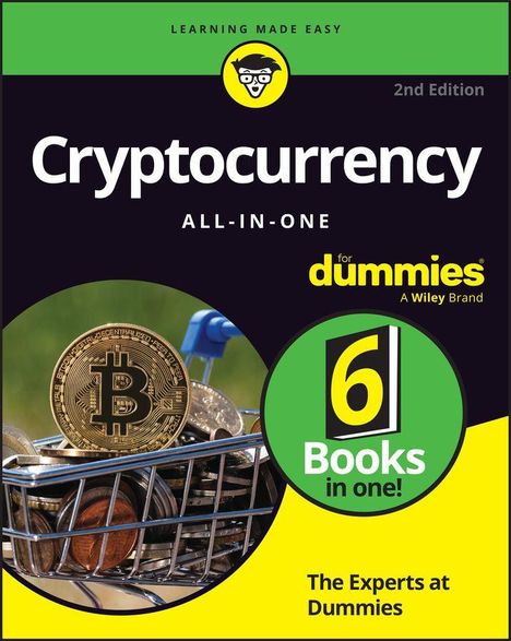 Titel: "Cryptocurrency All-In-One for Dummies". 
Text oben: "LEARNING MADE EASY". 
Unten: "The Experts at Dummies". 
Bild: Bitcoin in einem Einkaufswagen.