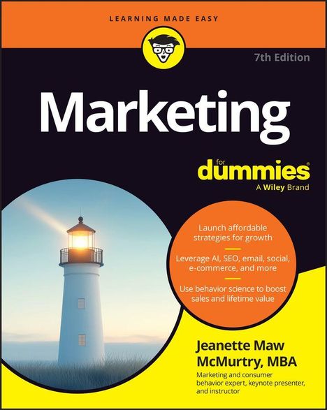"Learning Made Easy", "Marketing for Dummies", "Jeanette Maw McMurtry, MBA". Ein Leuchtturm bei Sonnenuntergang im Vordergrund.