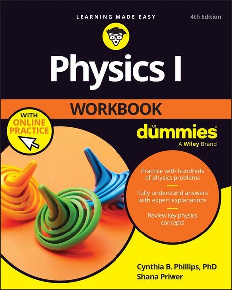 "Physics I Workbook for Dummies" steht auf einem Buchcover. Bunte Kreisel sind abgebildet.