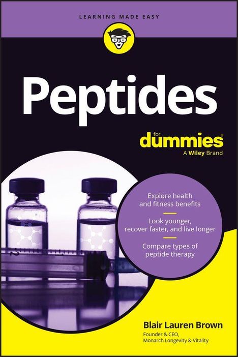 Text: Peptides for dummies. Explore health and fitness benefits. Look younger, recover faster, and live longer.

Logo: Cartoon-Person mit Brille im Kreis oben.