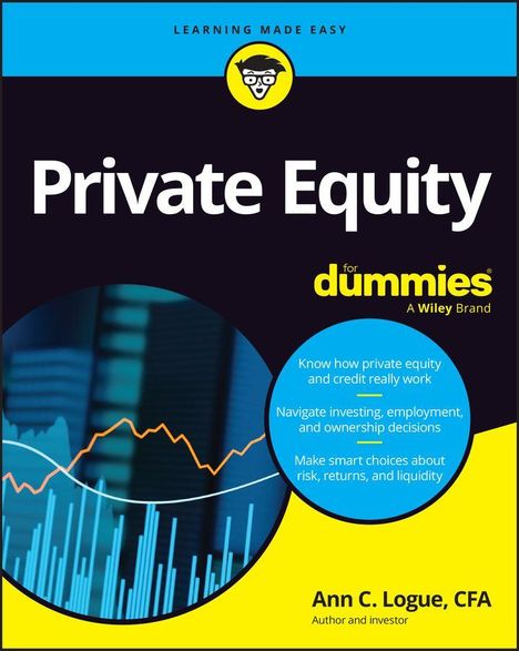 Buchtitel: "Private Equity for Dummies". Kreisdiagramm und Text im Hintergrund betonen Finanzanalyse.