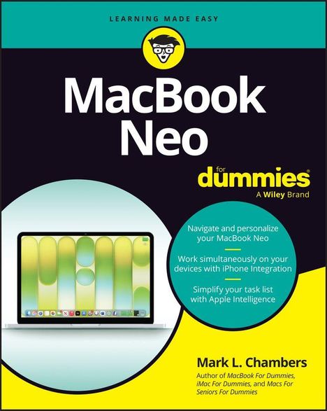 "MacBook Neo for dummies." Illustration mit Laptop und grünen Grafiken auf dem Bildschirm; gelber Kreis, Anleitungstexte.