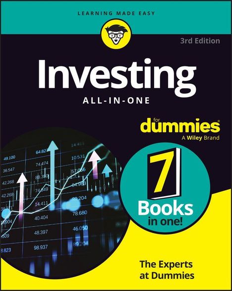 Texte: "Learning Made Easy", "Investing All-in-One", "for dummies", "7 Books in one!", "The Experts at Dummies". Diagramme mit Pfeilen.