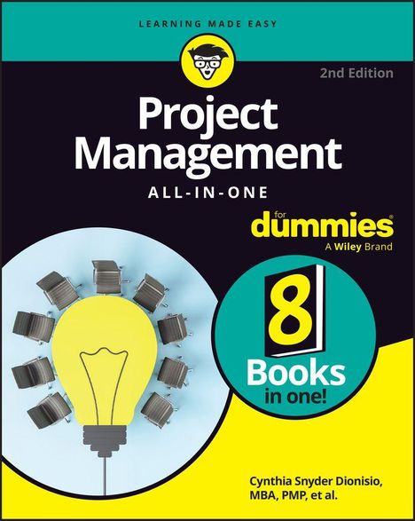 "Project Management ALL-IN-ONE for dummies, 8 Books in one!" zeigt einen Stuhlkreis um eine Glühbirne.