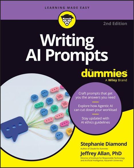 "Writing AI Prompts for dummies", Stecktafel mit bunten Sprechblasen und buntem Kabelstrang, gelb-violetter Hintergrund.