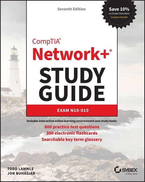 „CompTIA Network+ STUDY GUIDE EXAM N10-010, 800 practice test questions“; Leuchtturm im Hintergrund.